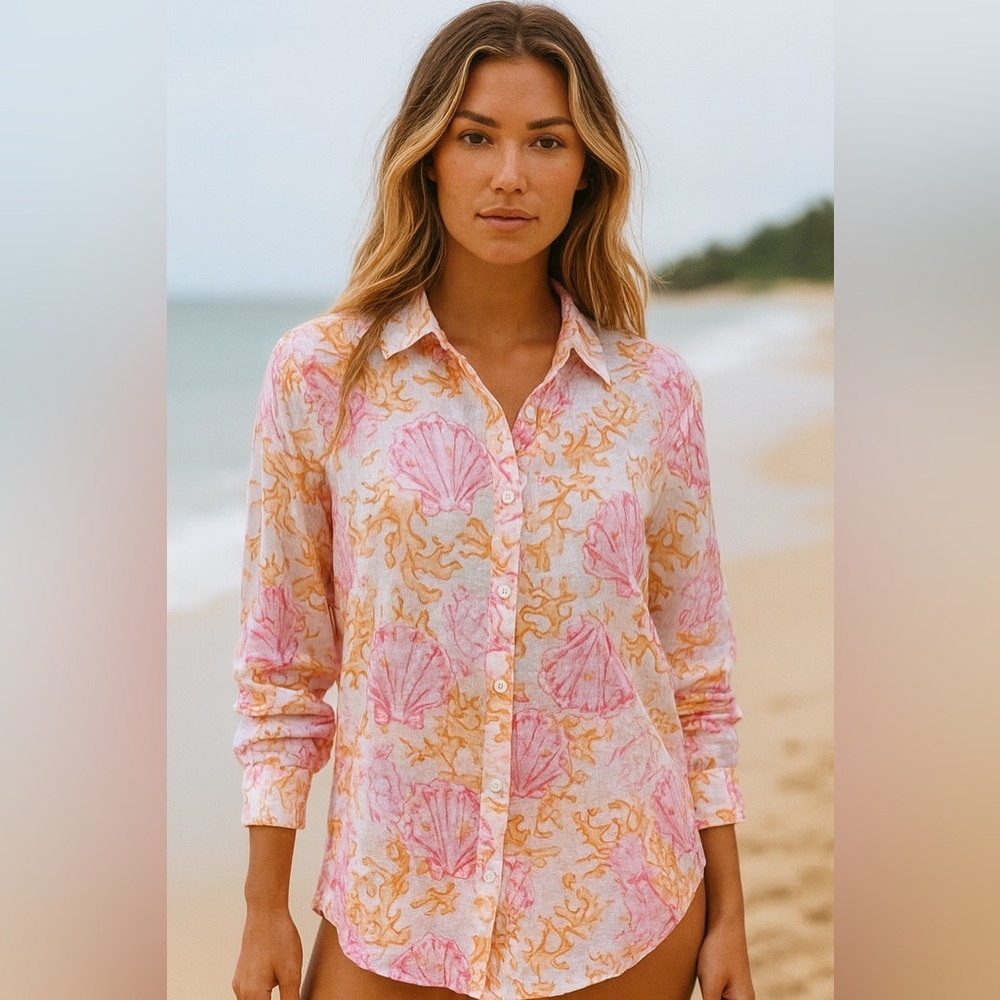 J. Jill 100% Linen Button Down Neon Pink Orange Floral Oversized Size Medium​